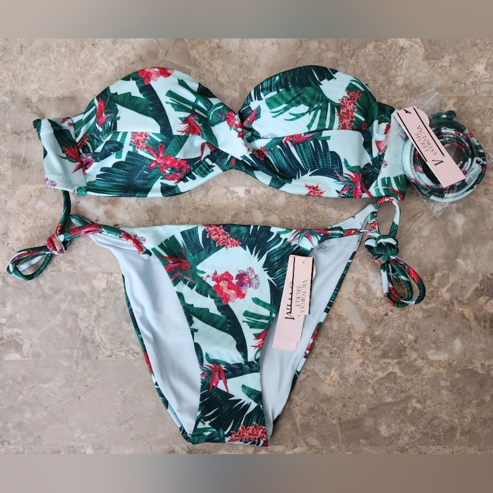 32A/XS VS Swim Bandeau Side Tie Cheeky Bikini Set Tropical Island Getaway